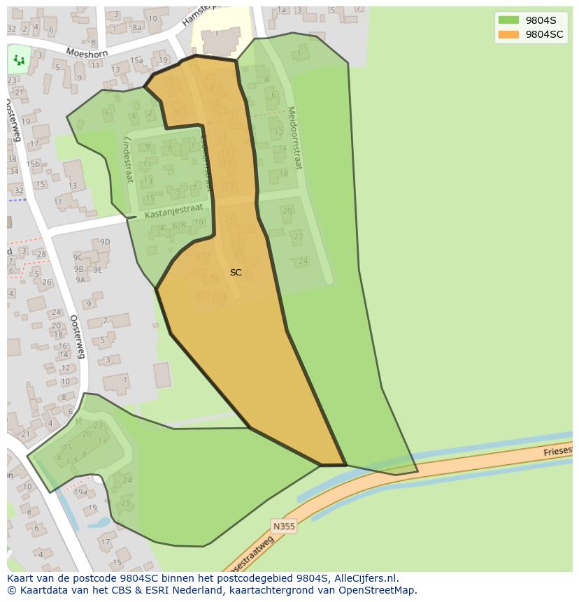 Afbeelding van het postcodegebied 9804 SC op de kaart.