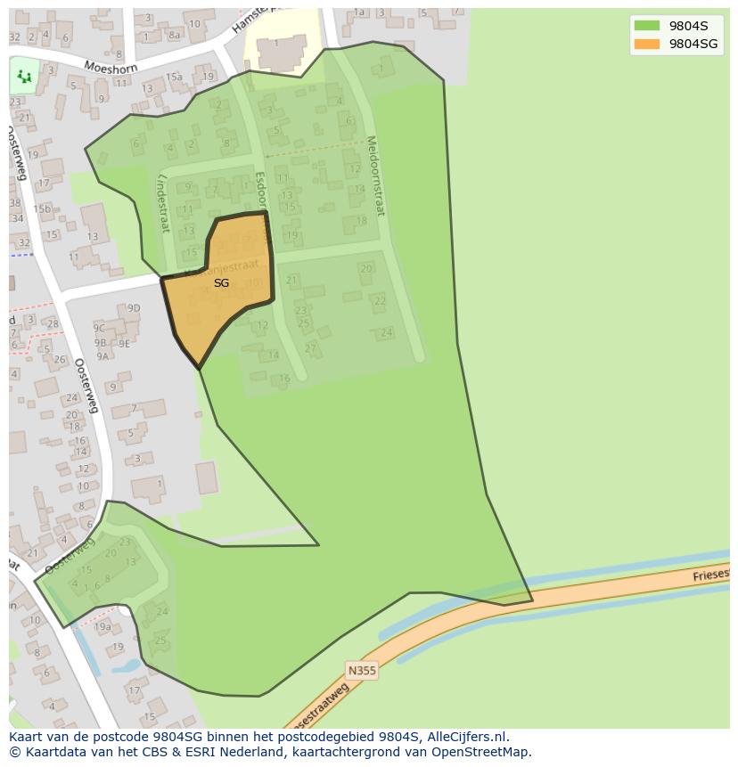 Afbeelding van het postcodegebied 9804 SG op de kaart.