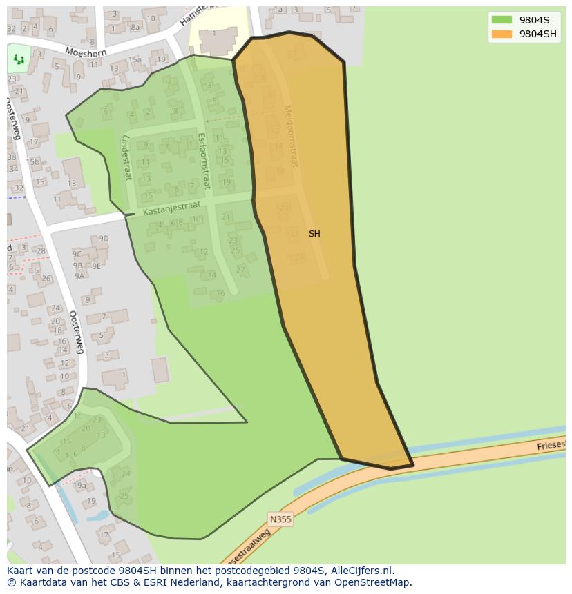 Afbeelding van het postcodegebied 9804 SH op de kaart.