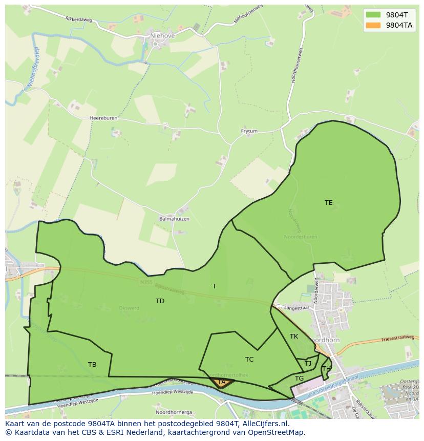 Afbeelding van het postcodegebied 9804 TA op de kaart.