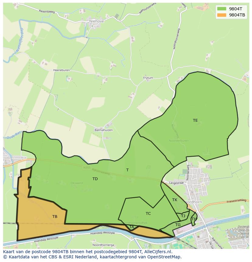 Afbeelding van het postcodegebied 9804 TB op de kaart.