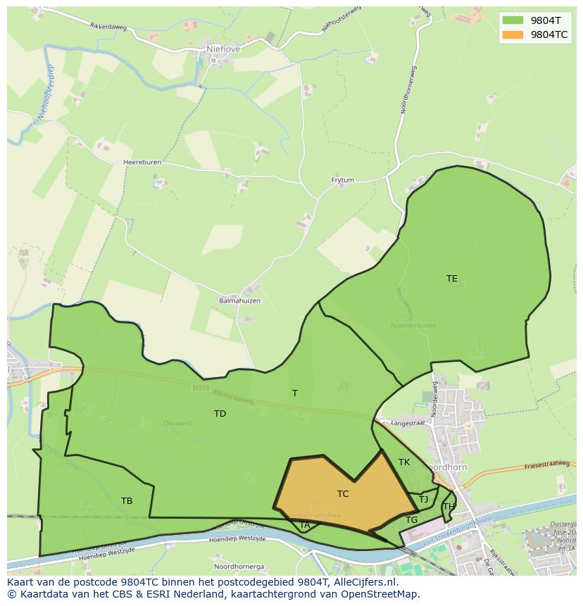 Afbeelding van het postcodegebied 9804 TC op de kaart.