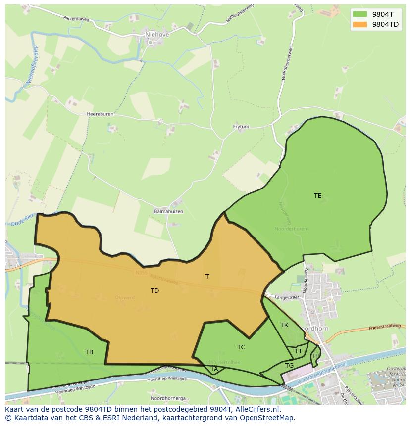 Afbeelding van het postcodegebied 9804 TD op de kaart.