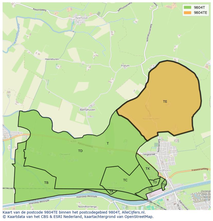 Afbeelding van het postcodegebied 9804 TE op de kaart.