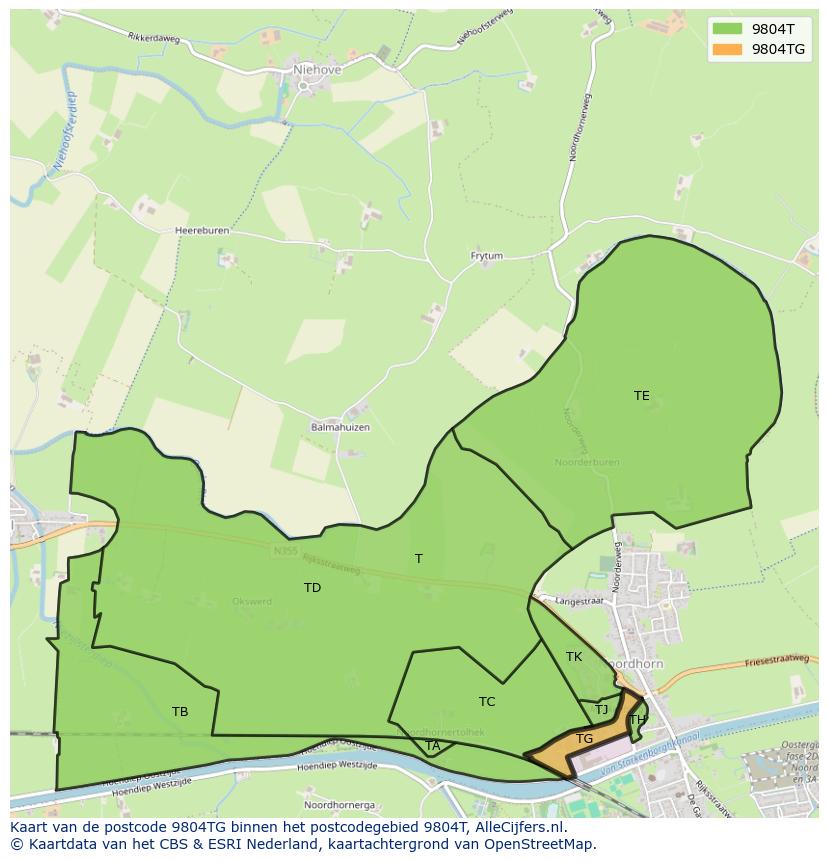 Afbeelding van het postcodegebied 9804 TG op de kaart.