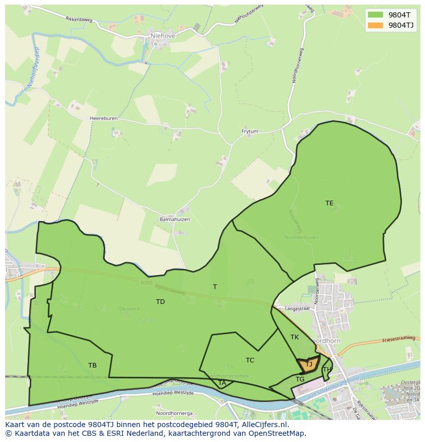 Afbeelding van het postcodegebied 9804 TJ op de kaart.