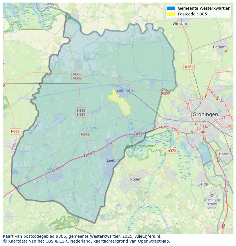 Afbeelding van het postcodegebied 9805 op de kaart.