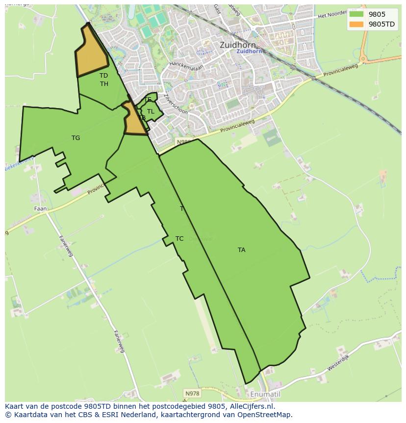 Afbeelding van het postcodegebied 9805 TD op de kaart.