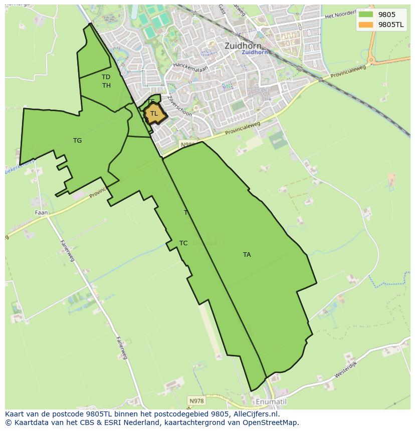 Afbeelding van het postcodegebied 9805 TL op de kaart.