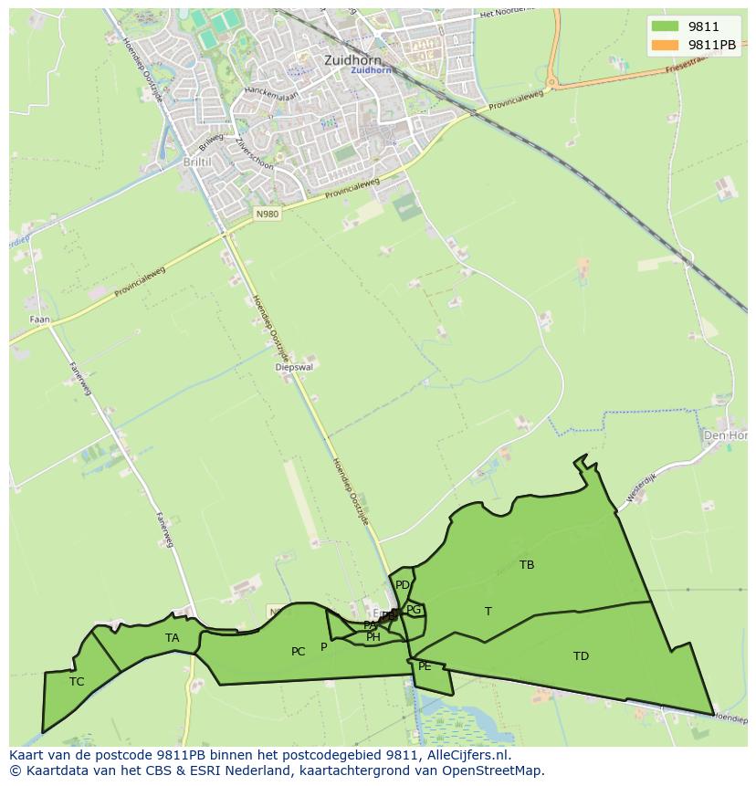 Afbeelding van het postcodegebied 9811 PB op de kaart.