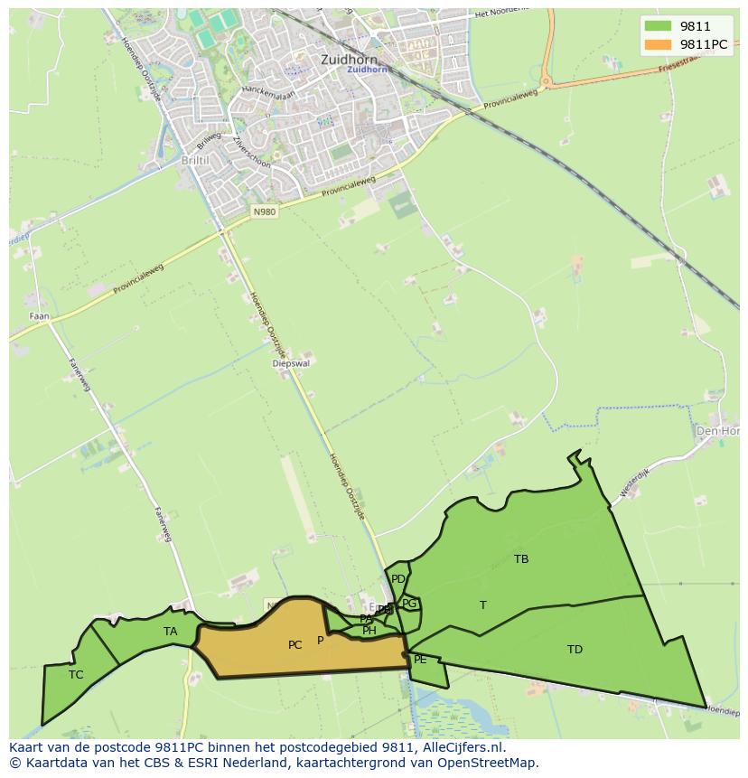 Afbeelding van het postcodegebied 9811 PC op de kaart.