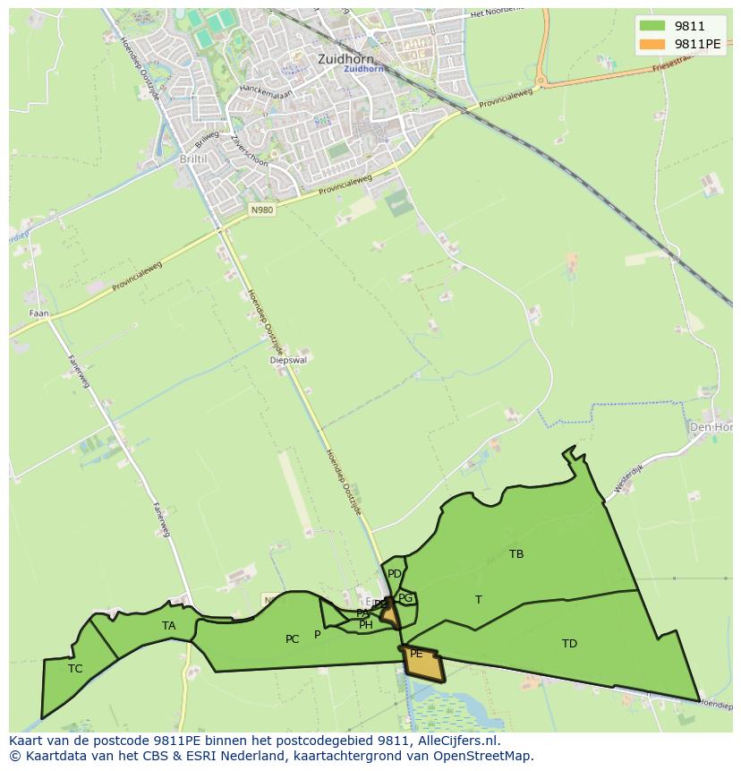 Afbeelding van het postcodegebied 9811 PE op de kaart.
