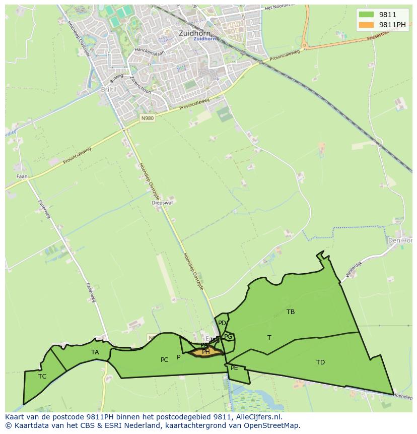 Afbeelding van het postcodegebied 9811 PH op de kaart.