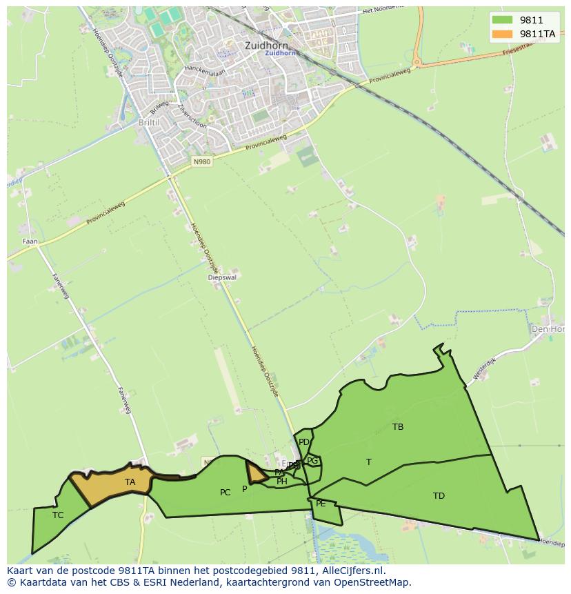 Afbeelding van het postcodegebied 9811 TA op de kaart.