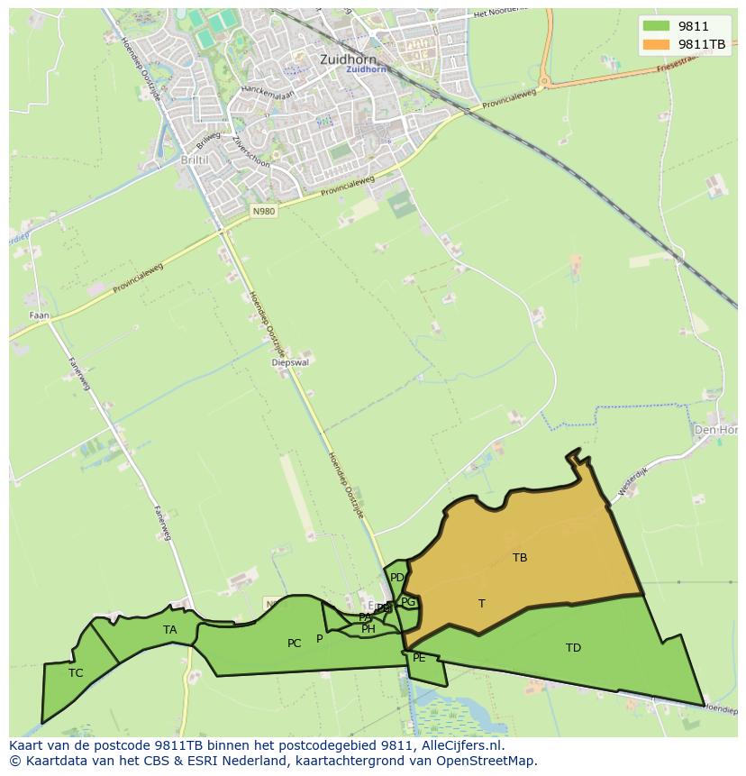 Afbeelding van het postcodegebied 9811 TB op de kaart.