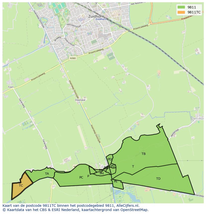 Afbeelding van het postcodegebied 9811 TC op de kaart.