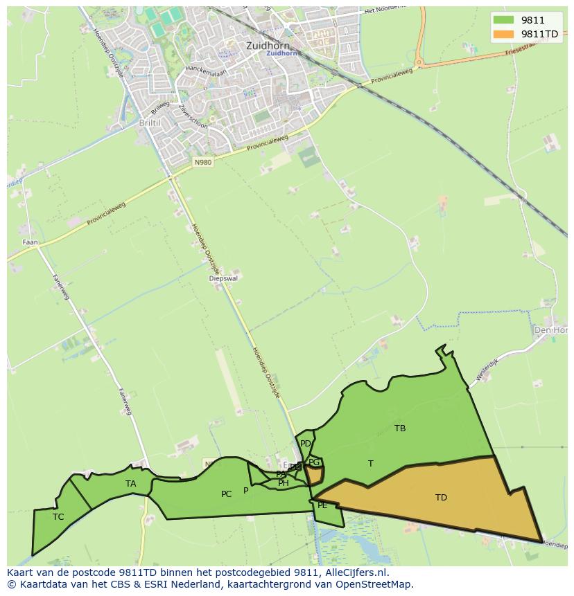 Afbeelding van het postcodegebied 9811 TD op de kaart.