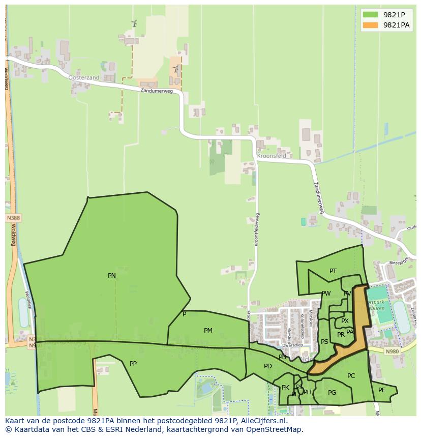 Afbeelding van het postcodegebied 9821 PA op de kaart.
