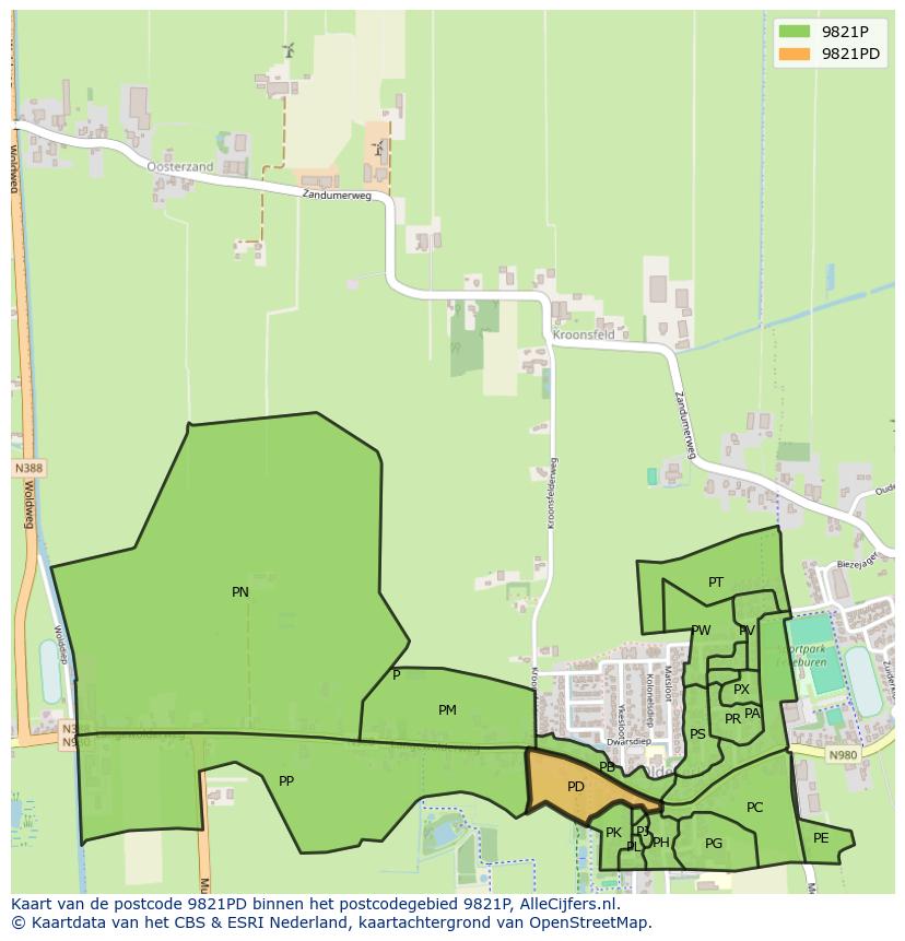 Afbeelding van het postcodegebied 9821 PD op de kaart.