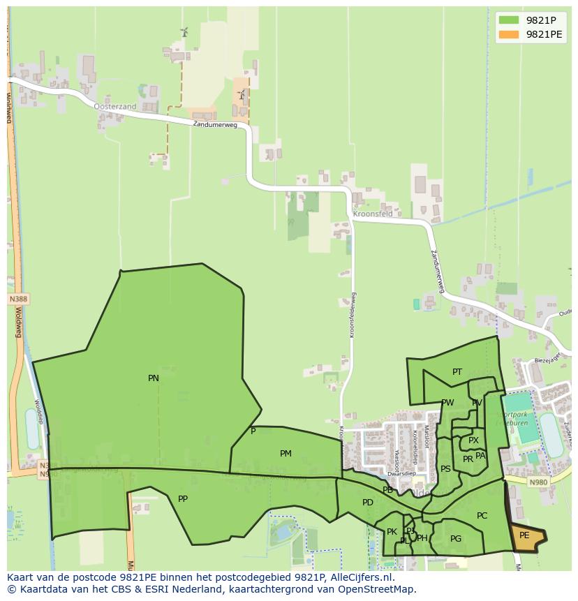 Afbeelding van het postcodegebied 9821 PE op de kaart.