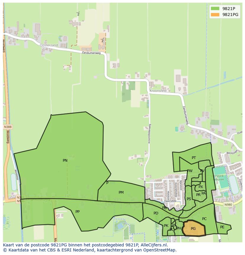 Afbeelding van het postcodegebied 9821 PG op de kaart.