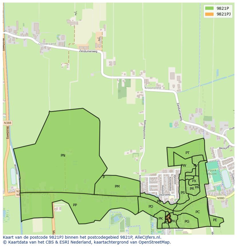 Afbeelding van het postcodegebied 9821 PJ op de kaart.