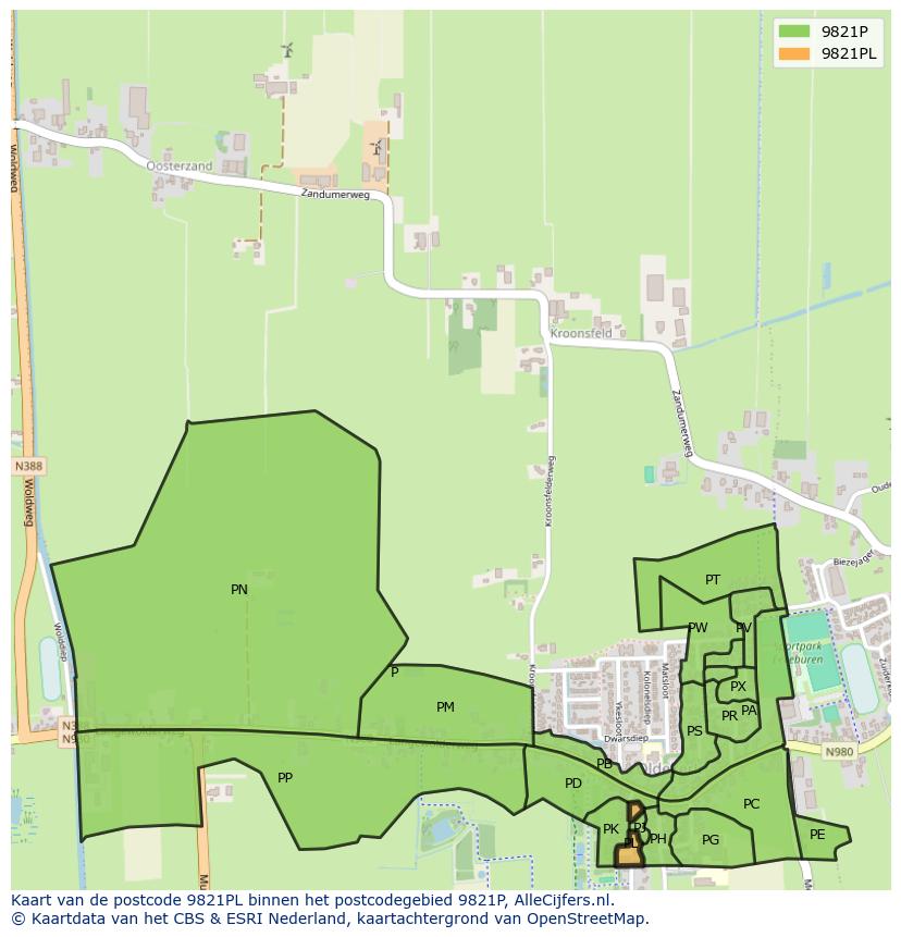 Afbeelding van het postcodegebied 9821 PL op de kaart.
