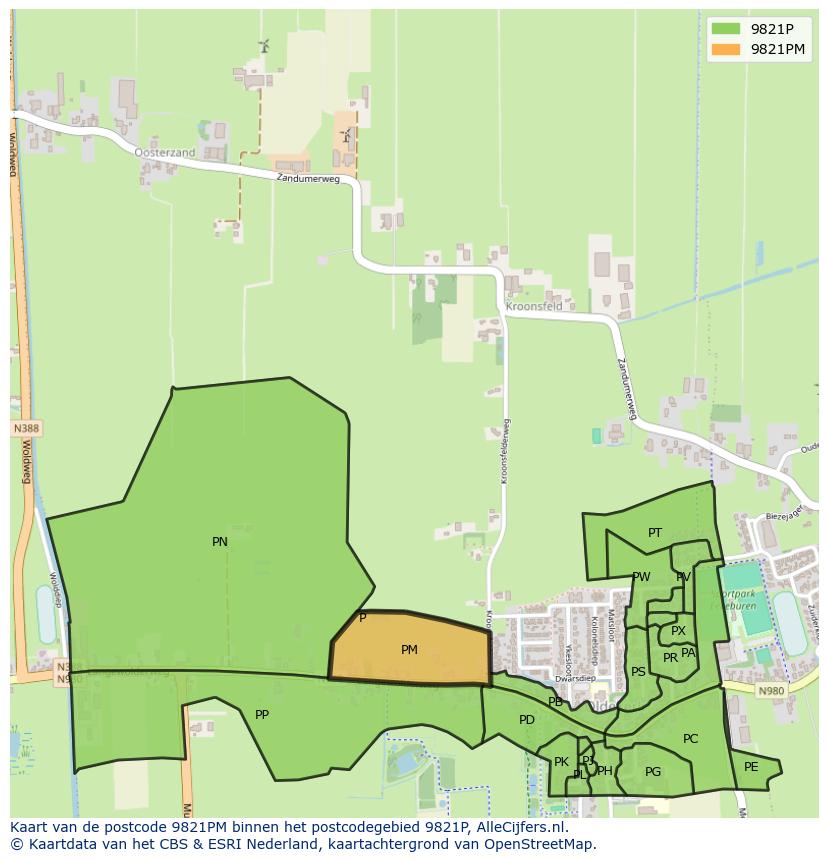 Afbeelding van het postcodegebied 9821 PM op de kaart.