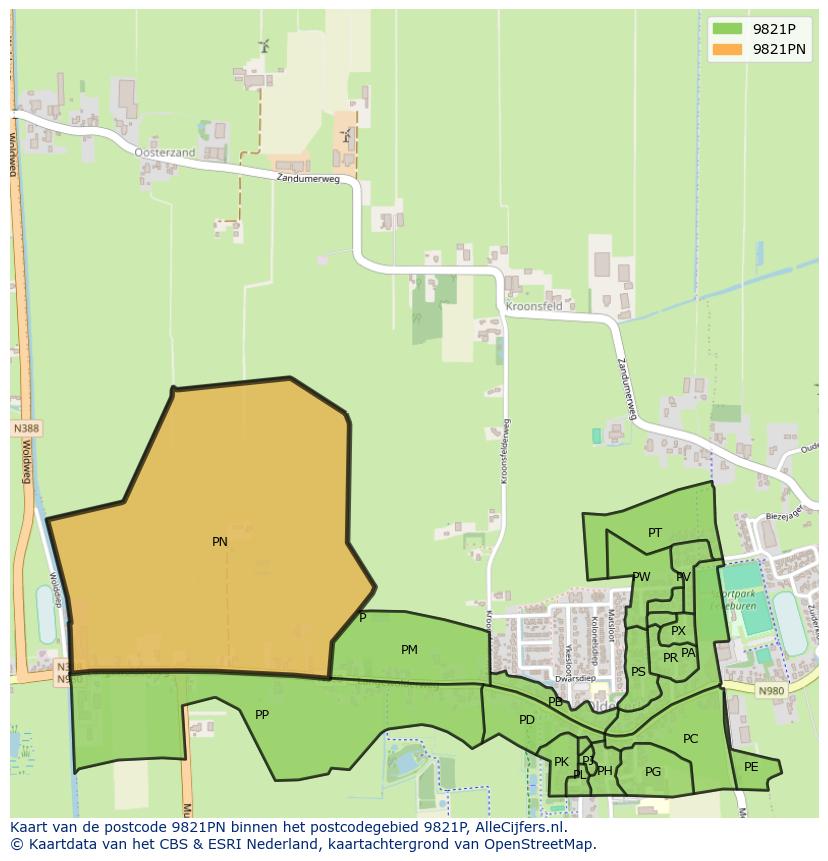 Afbeelding van het postcodegebied 9821 PN op de kaart.