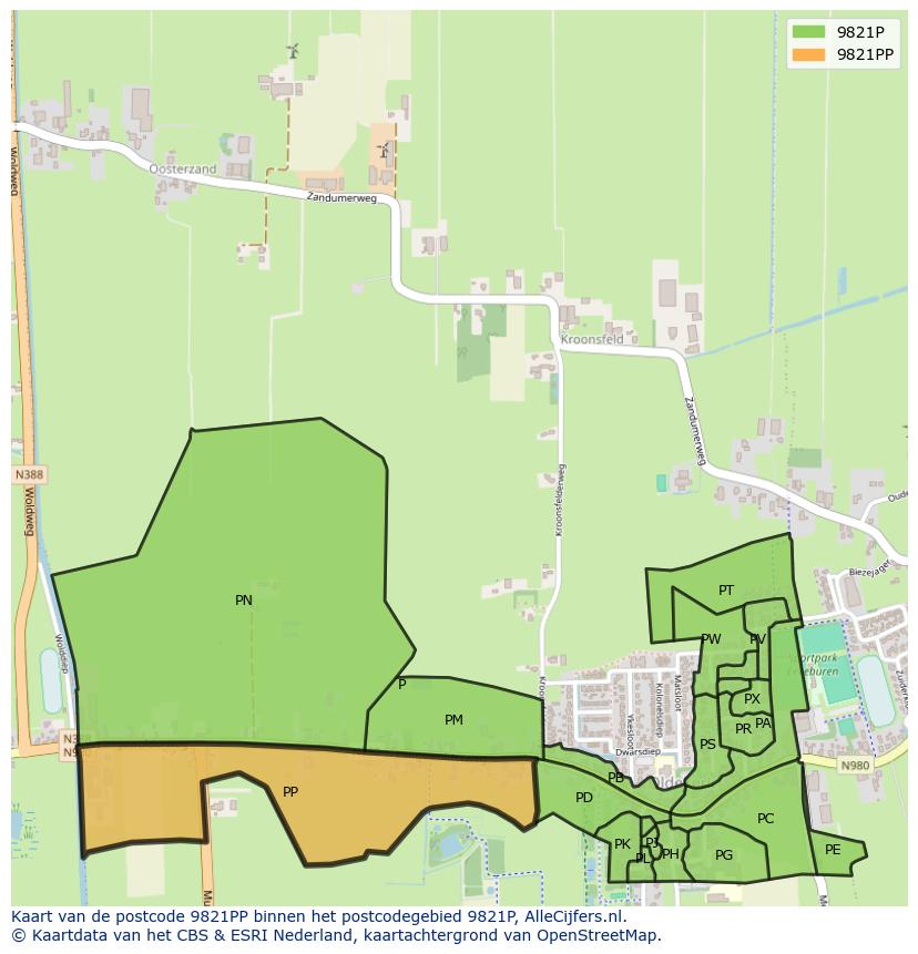 Afbeelding van het postcodegebied 9821 PP op de kaart.