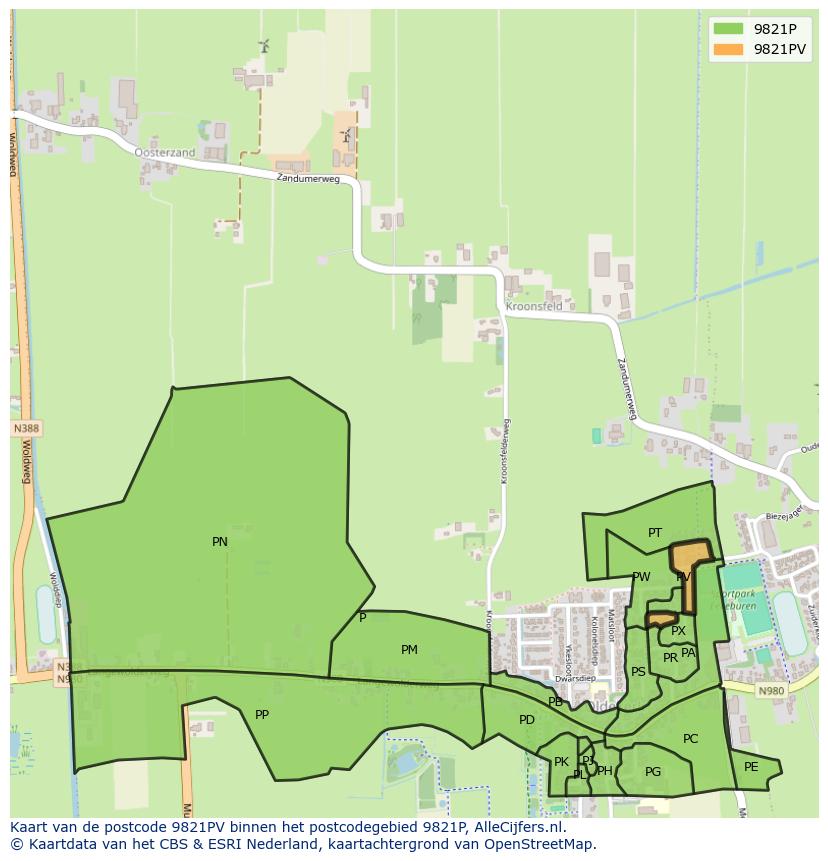 Afbeelding van het postcodegebied 9821 PV op de kaart.