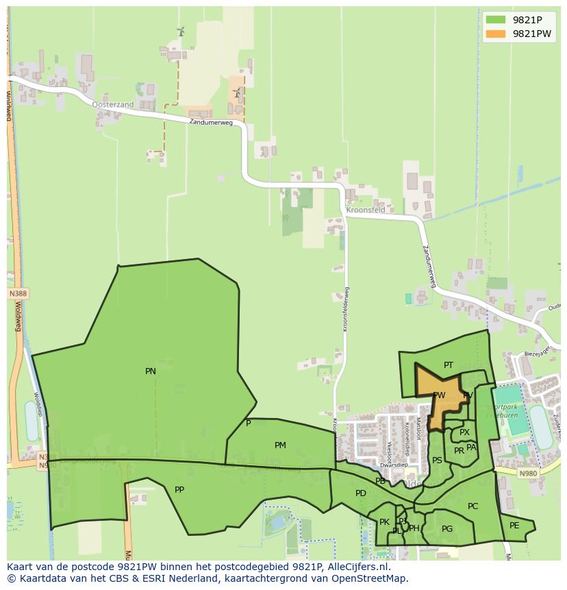 Afbeelding van het postcodegebied 9821 PW op de kaart.