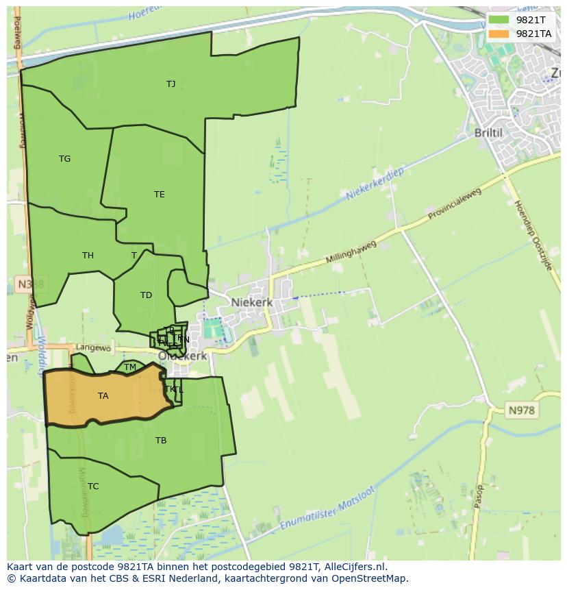 Afbeelding van het postcodegebied 9821 TA op de kaart.