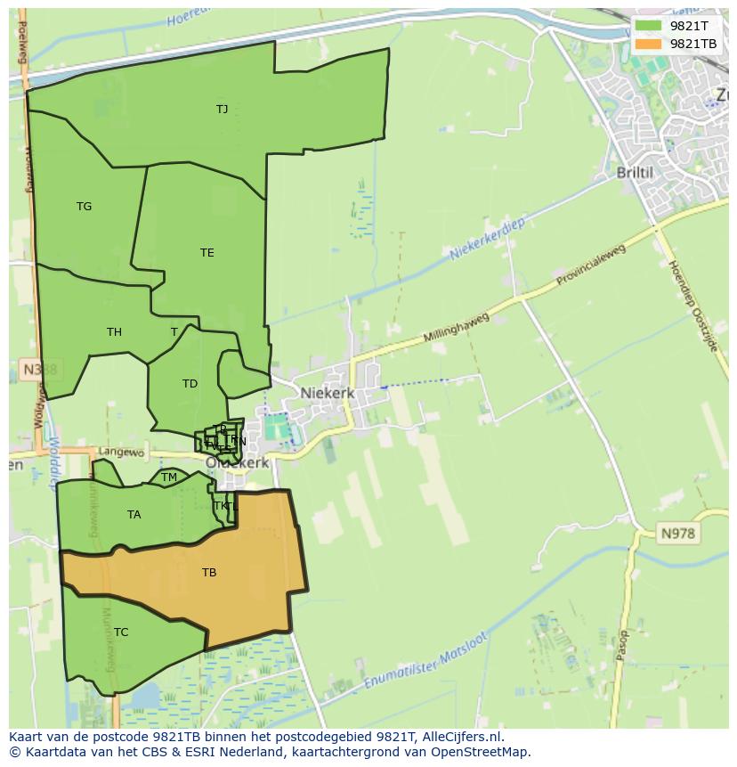 Afbeelding van het postcodegebied 9821 TB op de kaart.