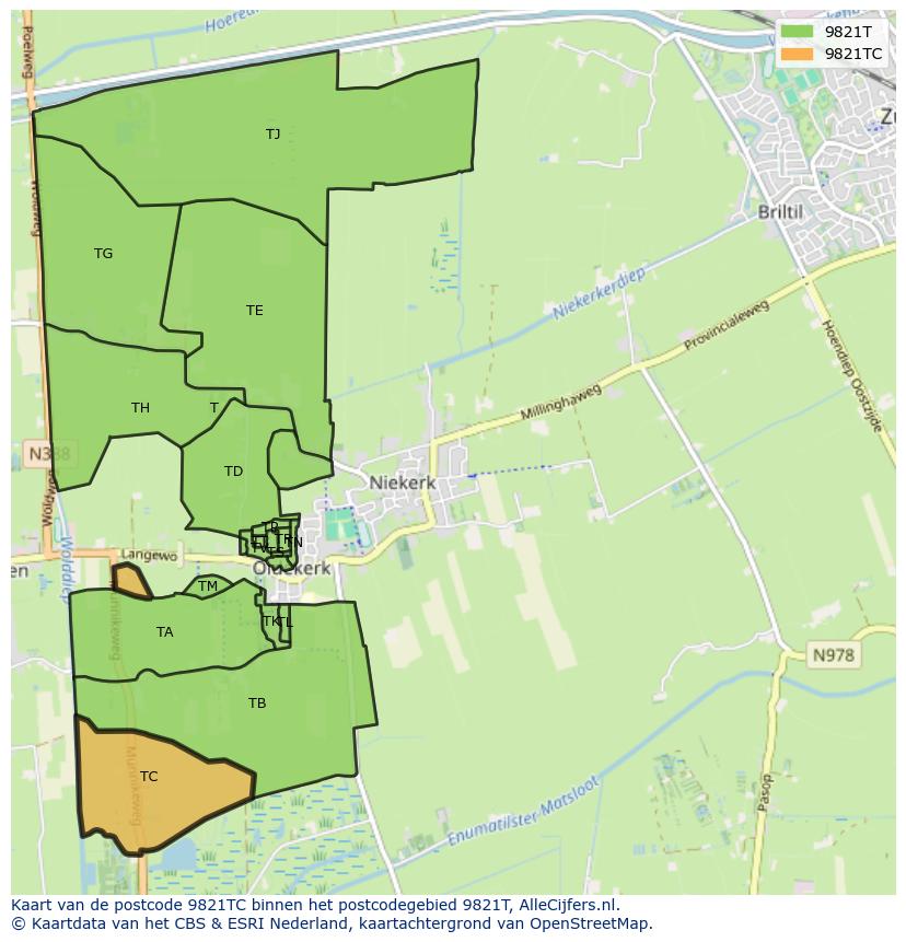 Afbeelding van het postcodegebied 9821 TC op de kaart.