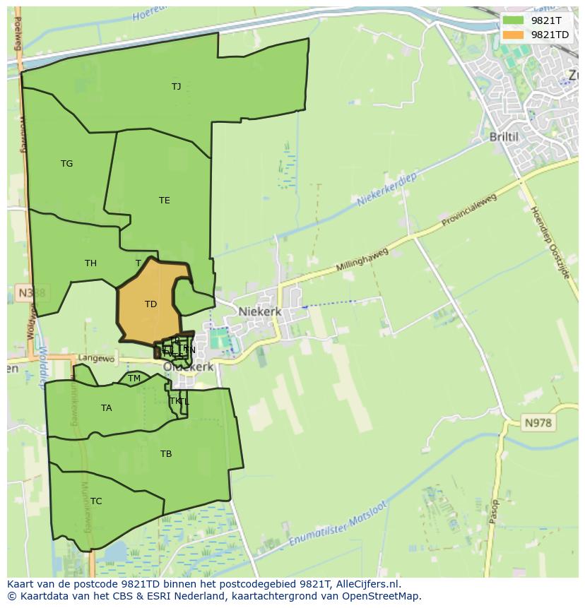 Afbeelding van het postcodegebied 9821 TD op de kaart.