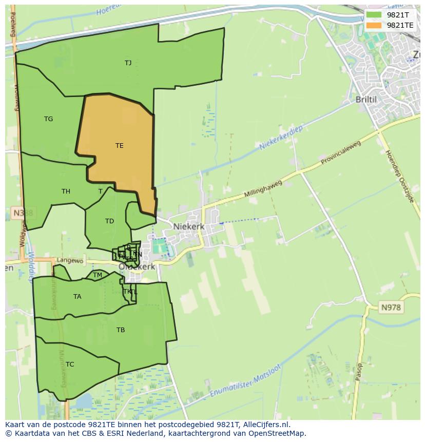 Afbeelding van het postcodegebied 9821 TE op de kaart.