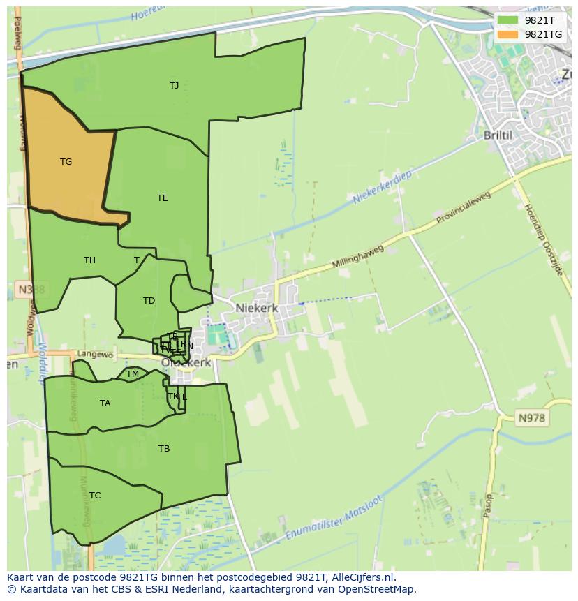 Afbeelding van het postcodegebied 9821 TG op de kaart.