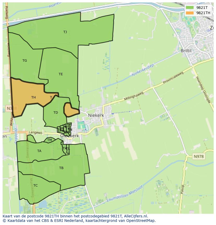 Afbeelding van het postcodegebied 9821 TH op de kaart.