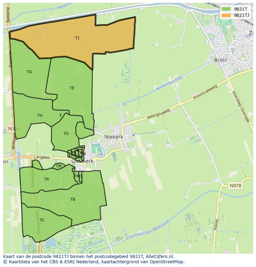 Afbeelding van het postcodegebied 9821 TJ op de kaart.