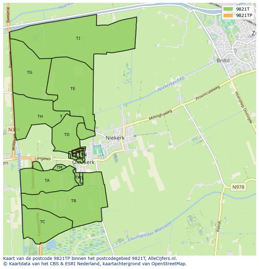 Afbeelding van het postcodegebied 9821 TP op de kaart.