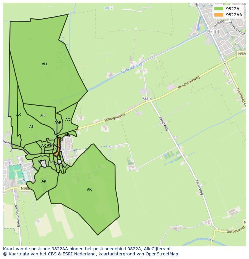 Afbeelding van het postcodegebied 9822 AA op de kaart.