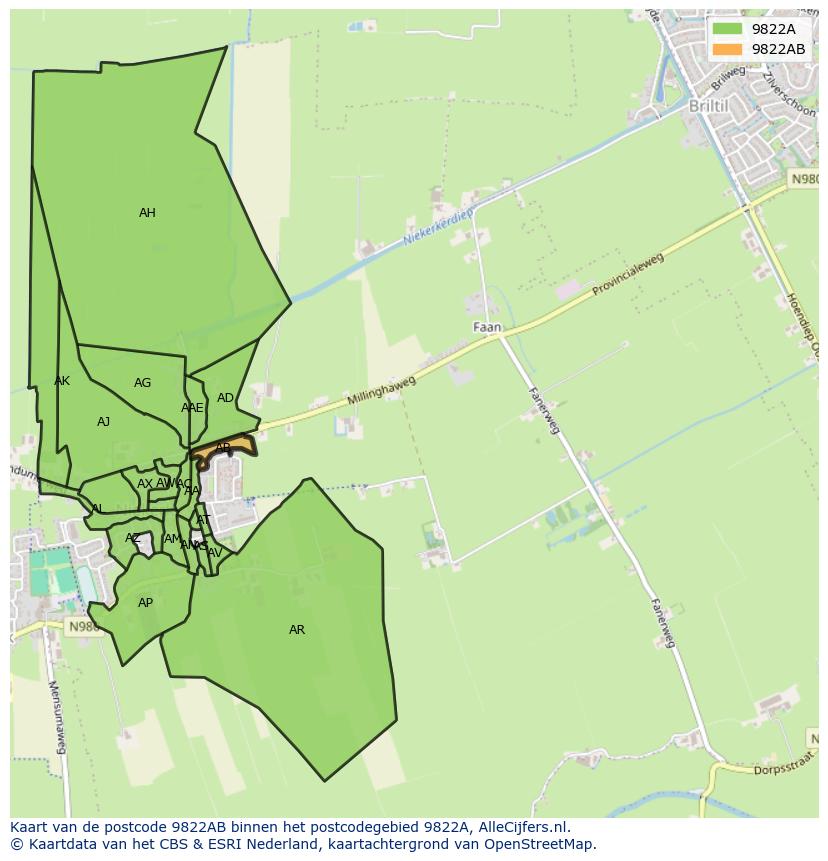 Afbeelding van het postcodegebied 9822 AB op de kaart.