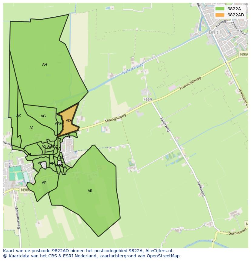 Afbeelding van het postcodegebied 9822 AD op de kaart.