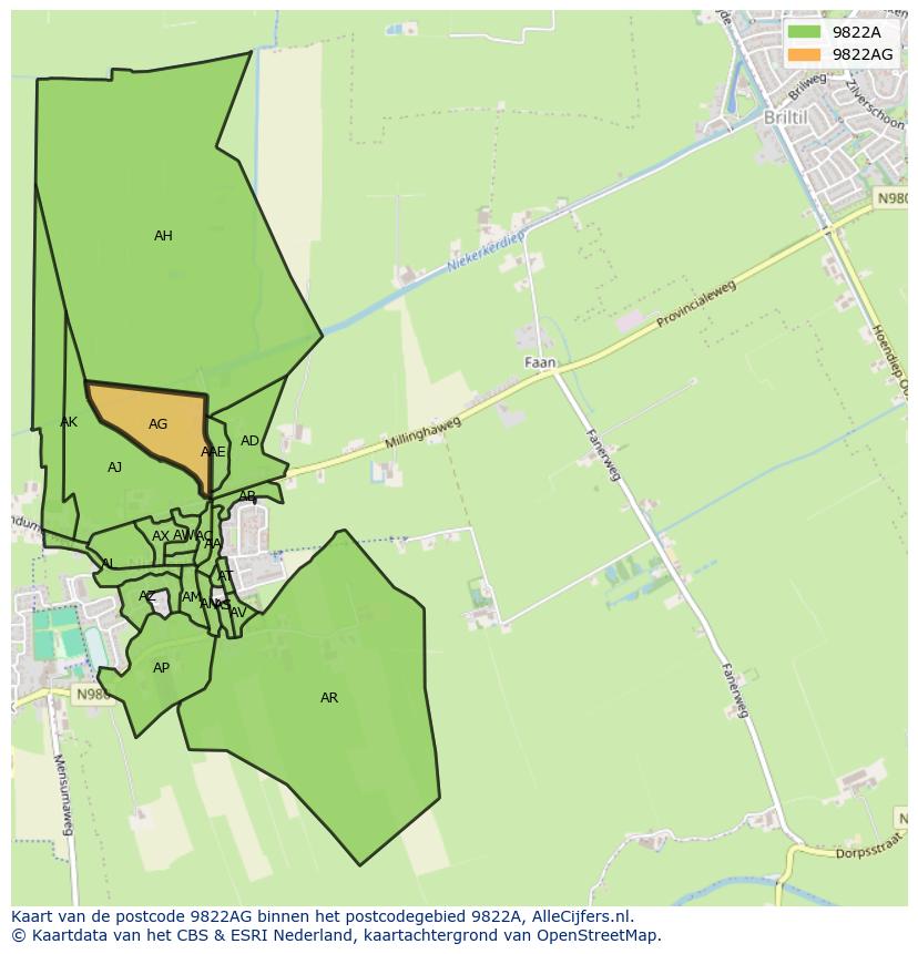 Afbeelding van het postcodegebied 9822 AG op de kaart.