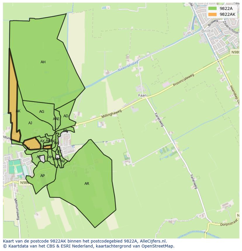Afbeelding van het postcodegebied 9822 AK op de kaart.