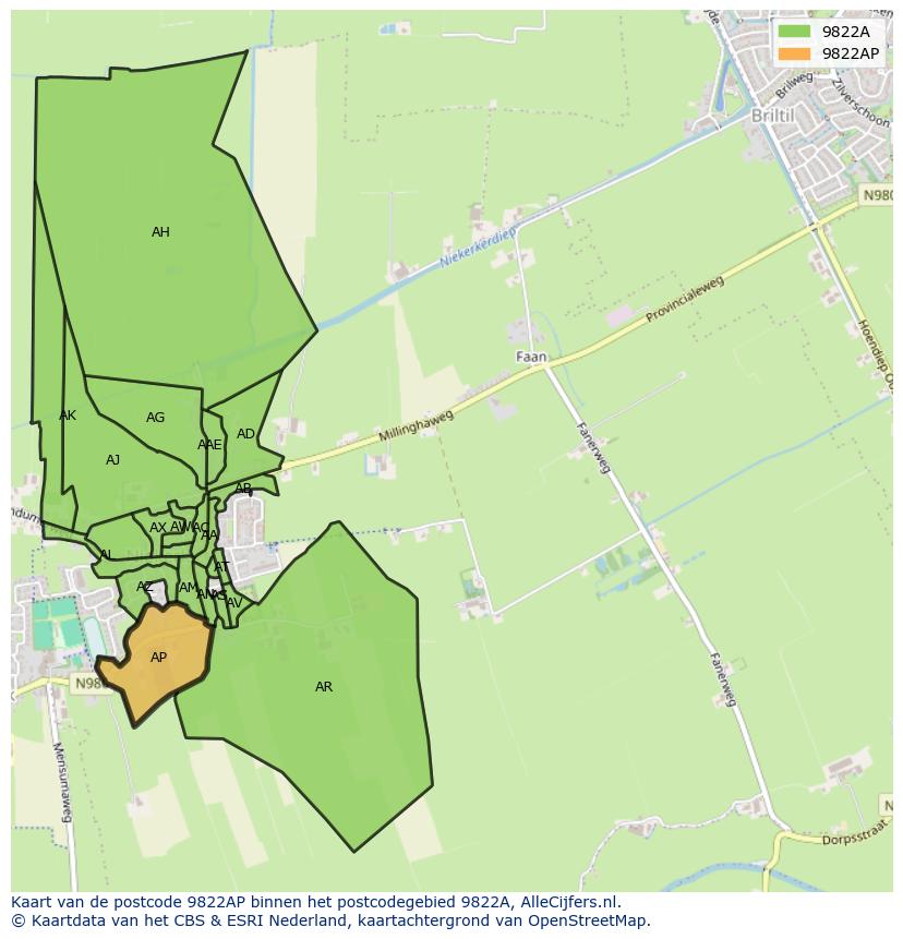 Afbeelding van het postcodegebied 9822 AP op de kaart.
