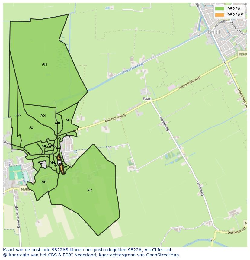 Afbeelding van het postcodegebied 9822 AS op de kaart.