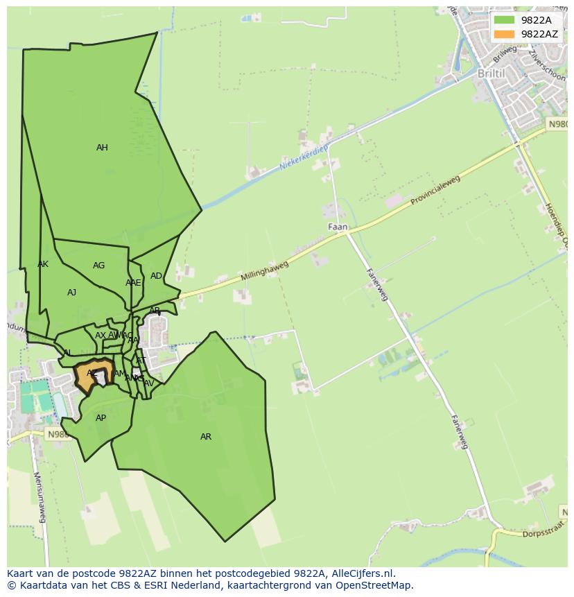 Afbeelding van het postcodegebied 9822 AZ op de kaart.