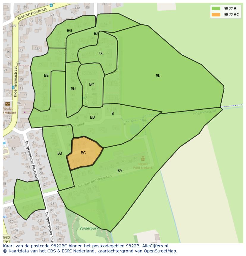 Afbeelding van het postcodegebied 9822 BC op de kaart.